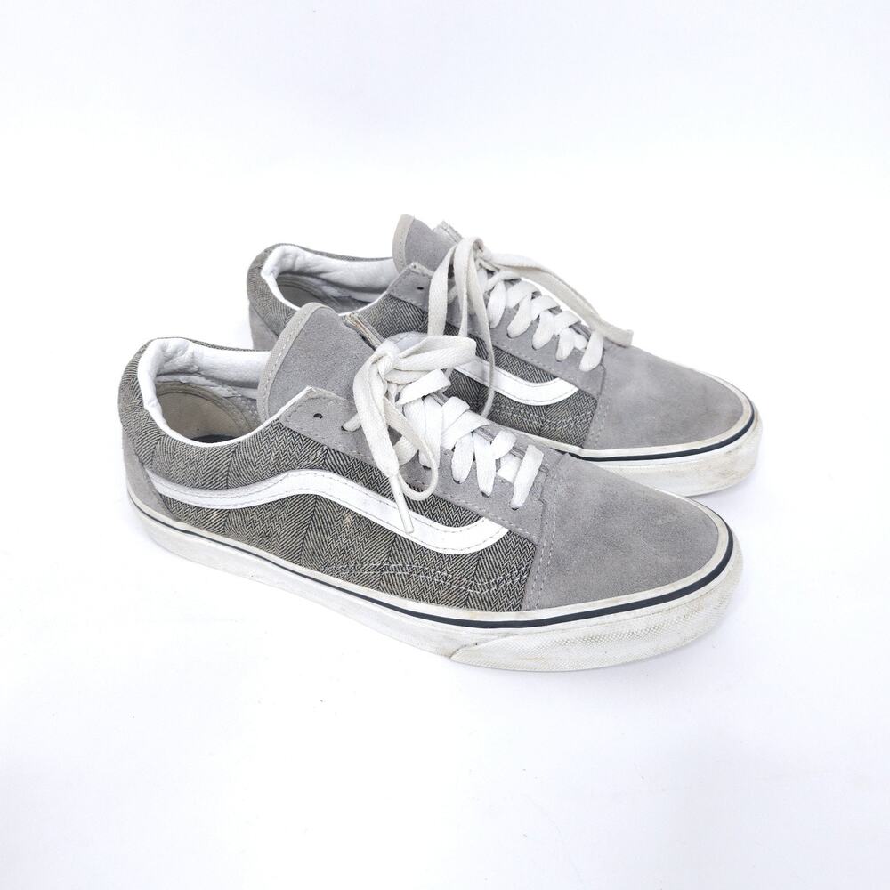 Vans Old Skool Gray Suede Herringbone Canvas Low Top Sneakers Womens 8 Mens 6.5